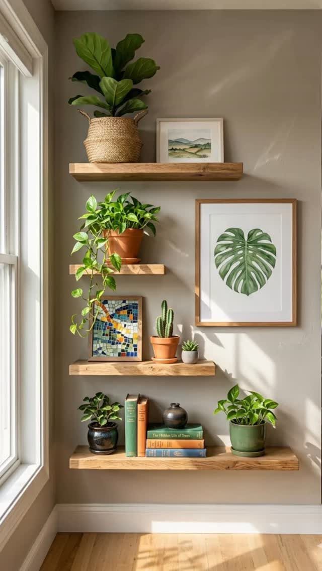Wooden floating shelves on a beige wall decorated with potted plants and framed art.
