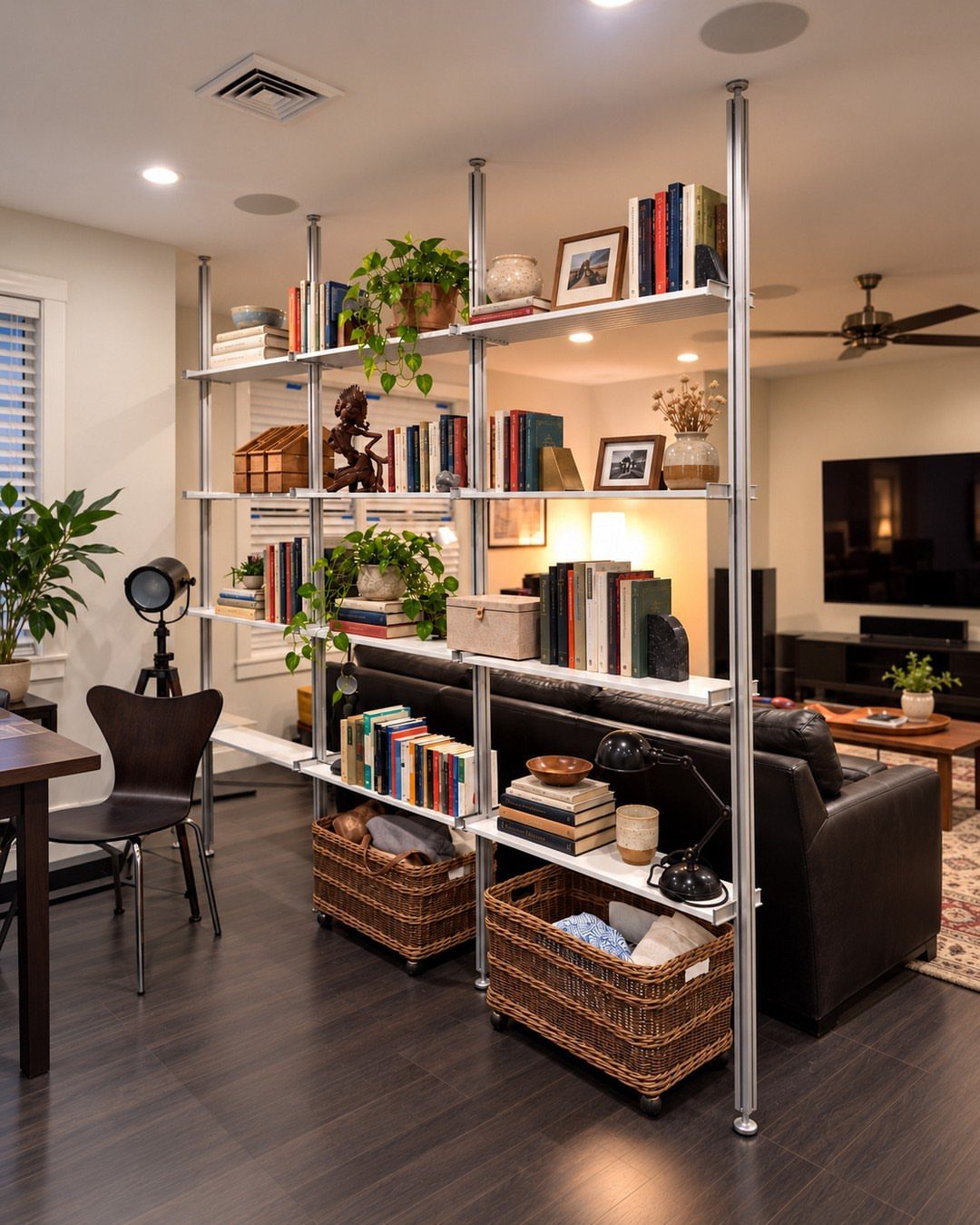 Freestanding metal shelving unit with books and plants behind a dark leather sofa.