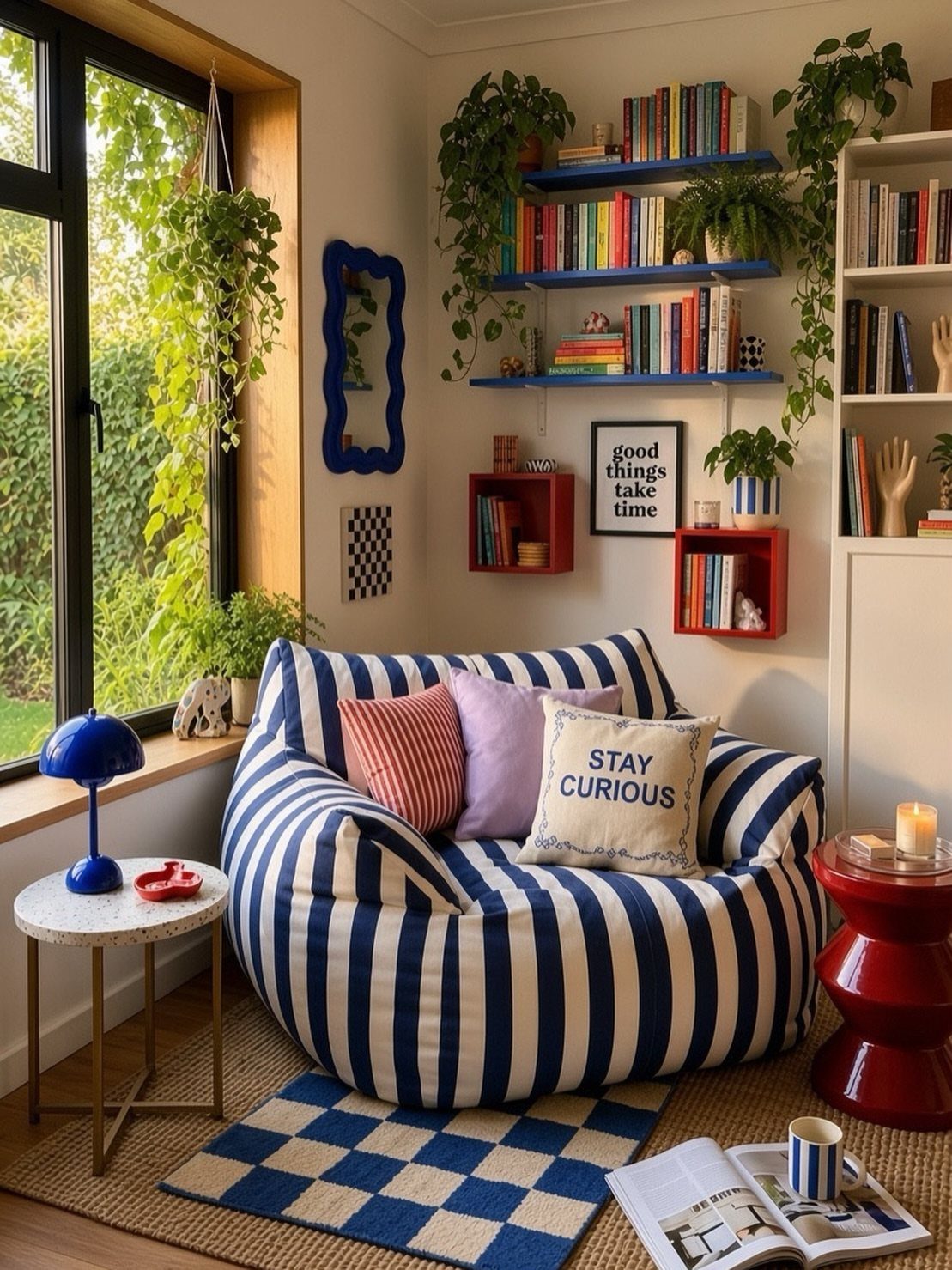 Blue and red wall shelves in a bright room with a striped bean bag.
