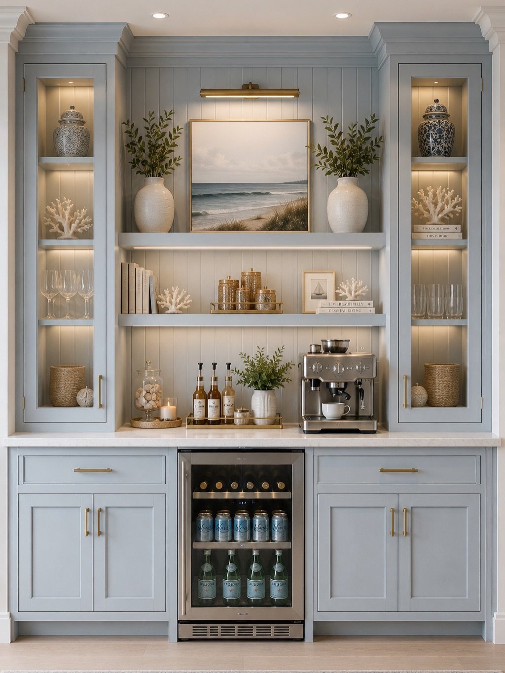 13 Mini Bar House Design Ideas to Fit Your Space and Taste 6 Light blue built-in home bar with beach decor, beverage fridge, and coffee station.