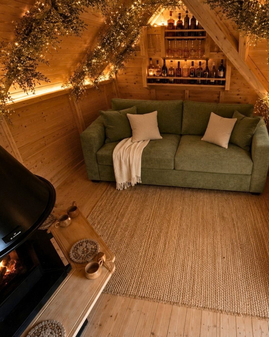 13 Mini Bar House Design Ideas to Fit Your Space and Taste 12 Cozy wooden lounge with a green sofa, fireplace, and built-in bottle shelving.