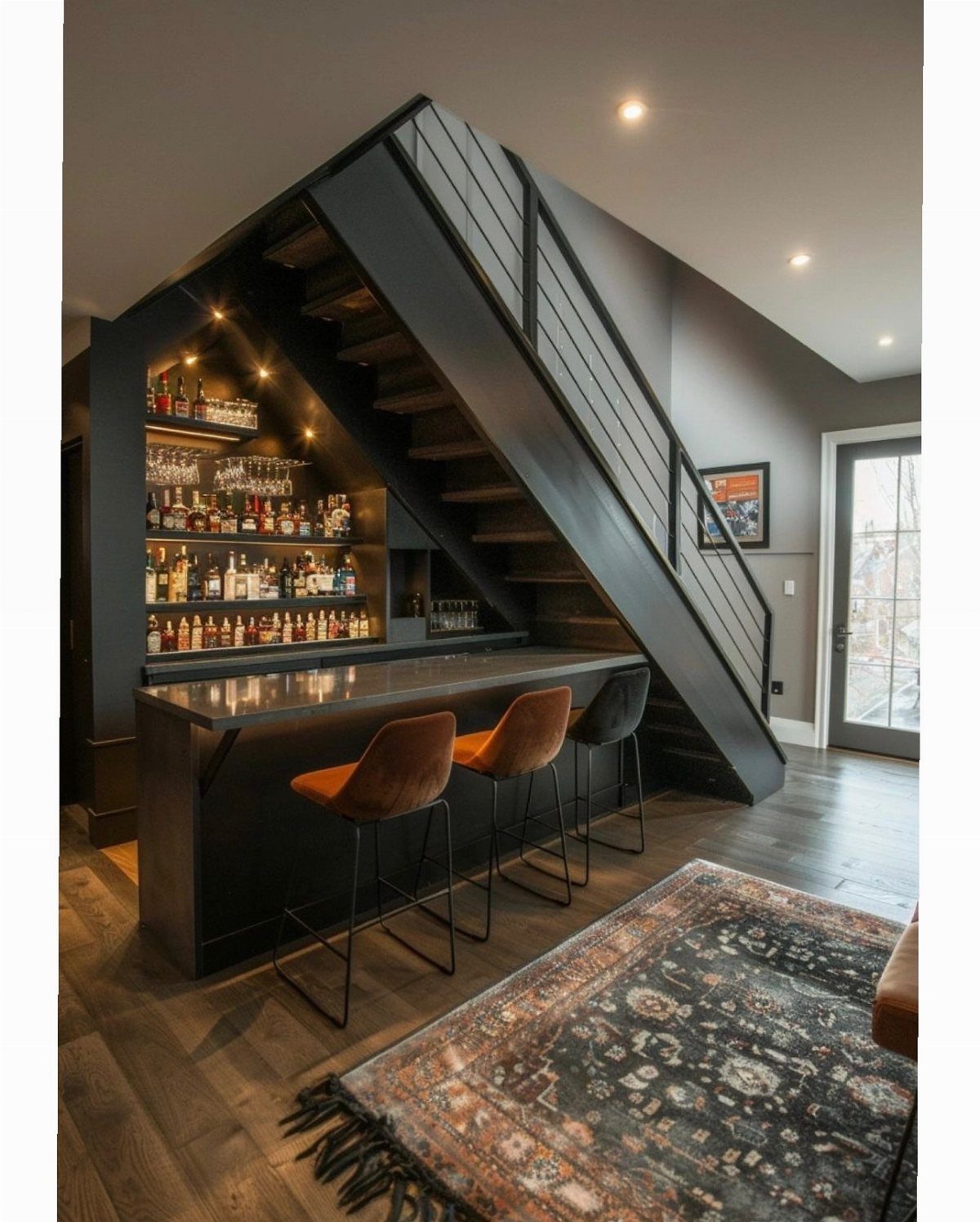 13 Mini Bar House Design Ideas to Fit Your Space and Taste 2 Modern home bar with liquor shelves built under a black staircase with bar stools.