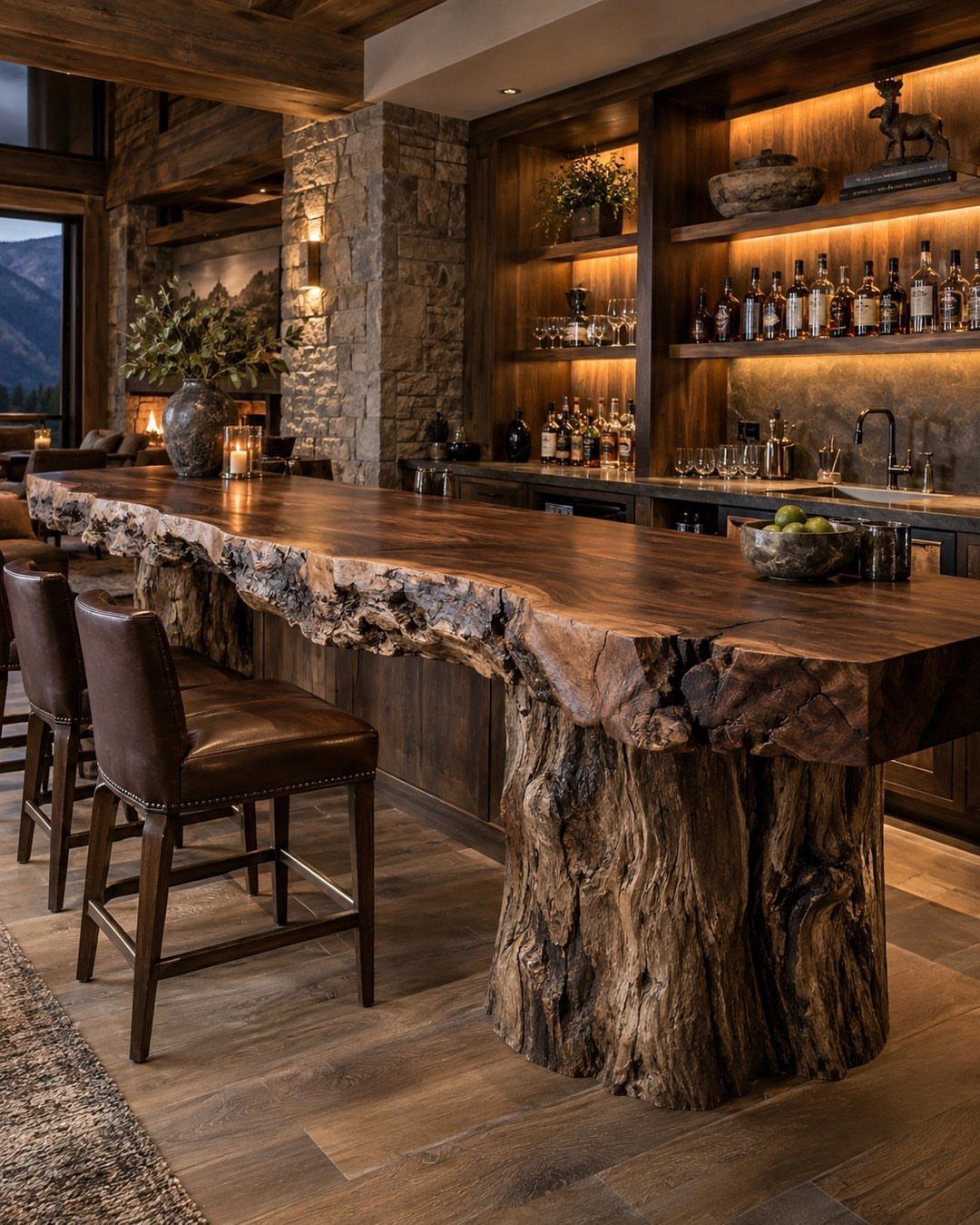 13 Mini Bar House Design Ideas to Fit Your Space and Taste 8 Rustic wood bar with a live-edge countertop and brown leather bar stools.