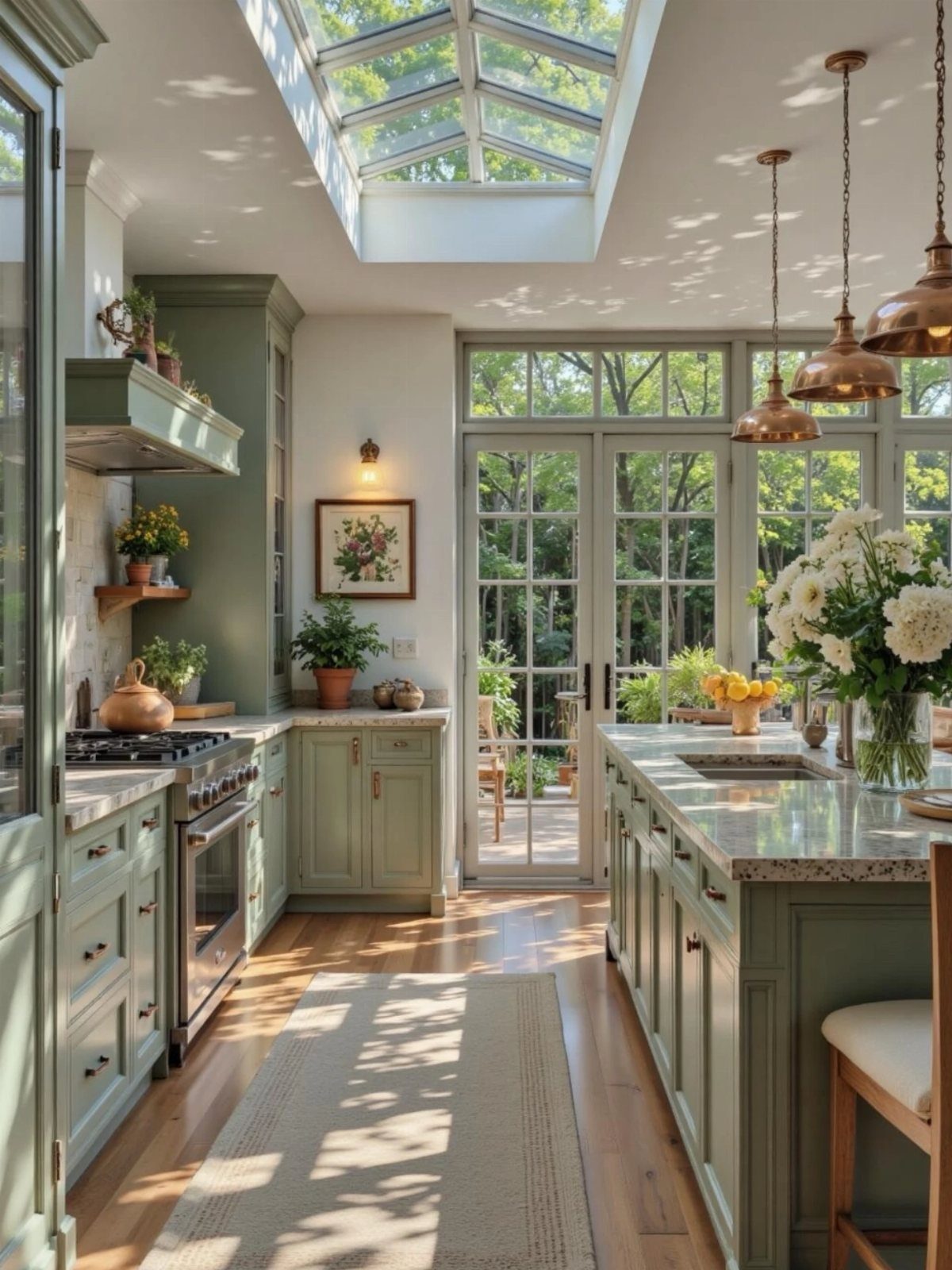 Bright kitchen with light green cabinets, a large skylight, and glass garden doors.