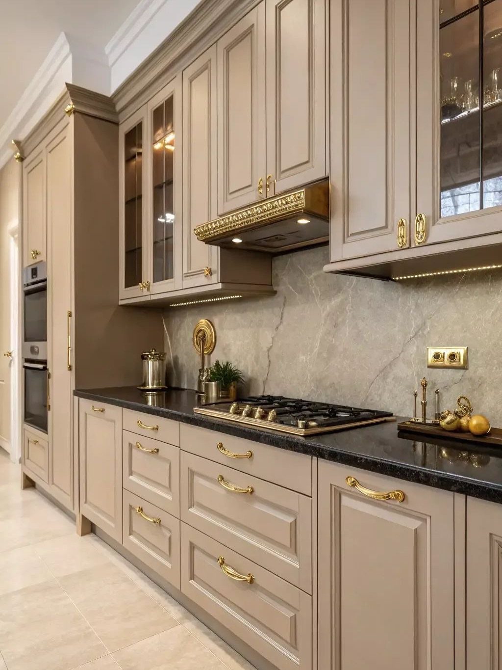 Beige shaker cabinets with gold hardware and black countertops in a modern kitchen.