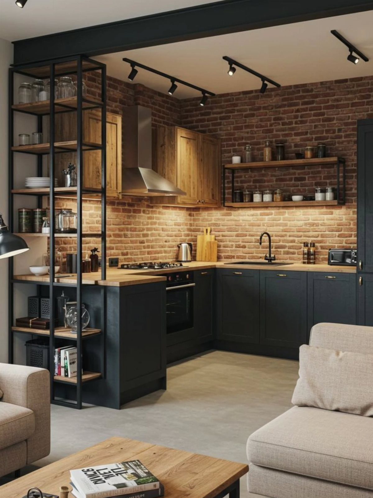 Modern kitchen with red brick walls and black metal open shelving units.