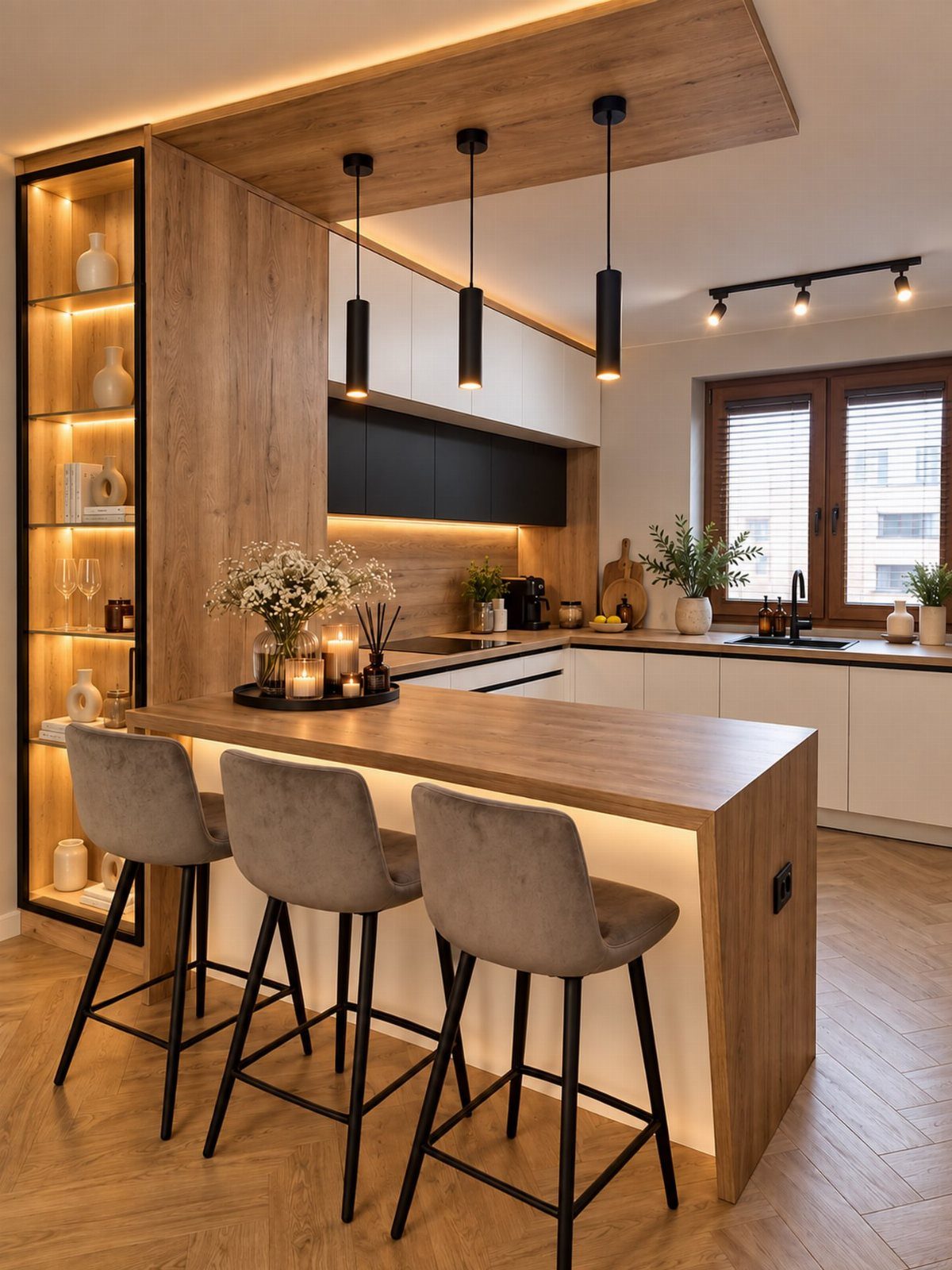 Modern kitchen with wood accents, grey bar stools, and minimalist black and white cabinetry.