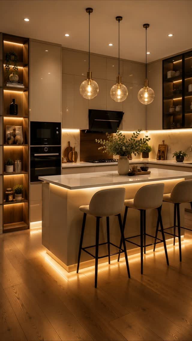 Modern kitchen with three glass globe pendant lights and warm under-cabinet LED lighting.