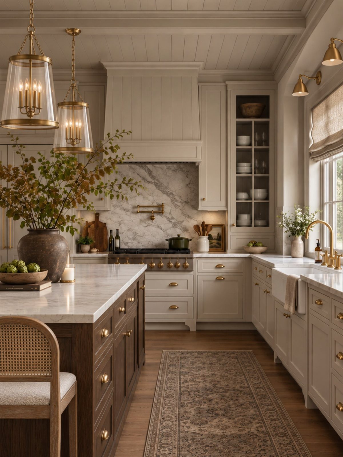 Elegant kitchen with cream cabinets, dark wood island, and neutral marble surfaces.