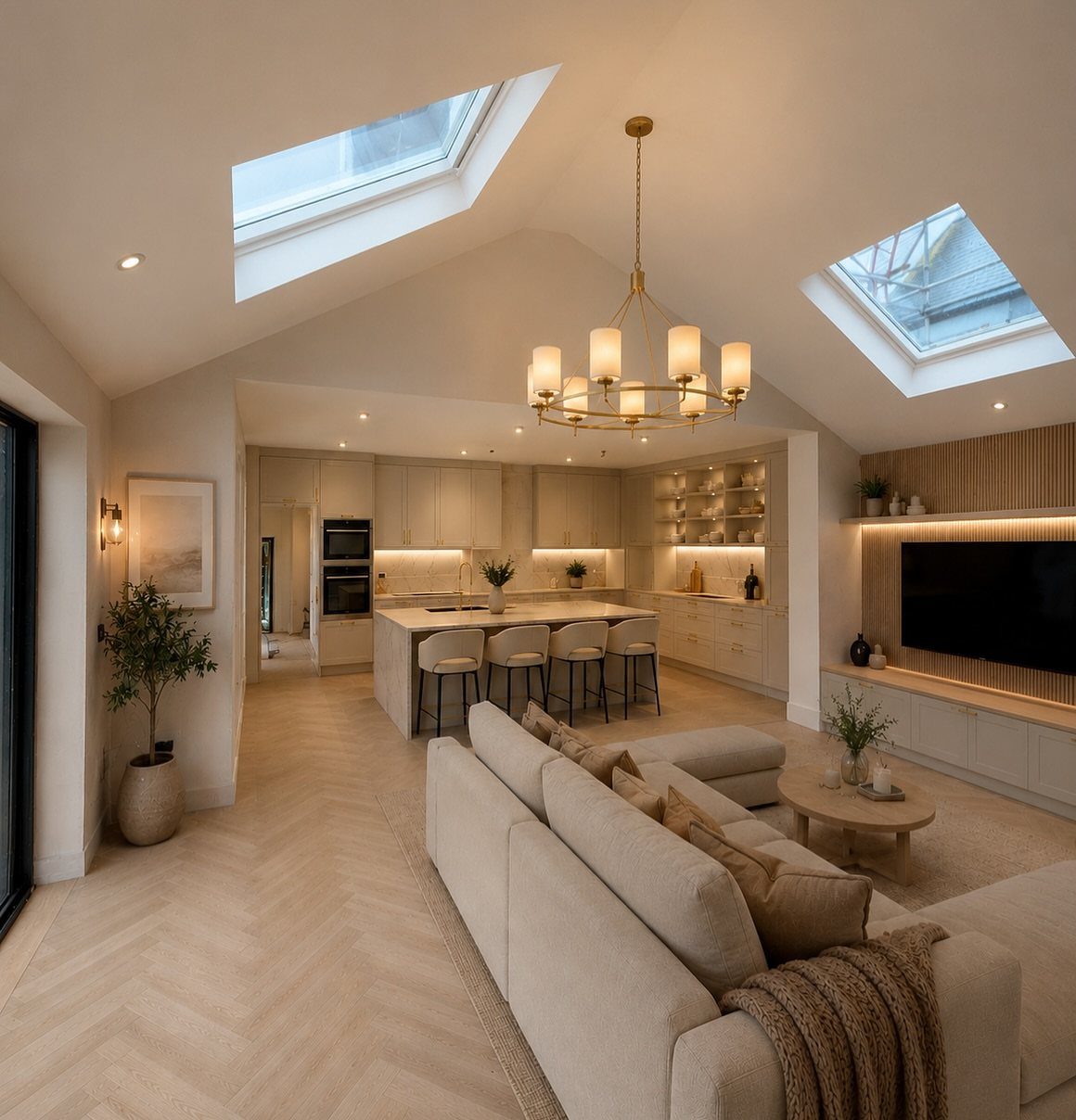 Open-plan living area combining a modern kitchen with a cozy beige lounge space.