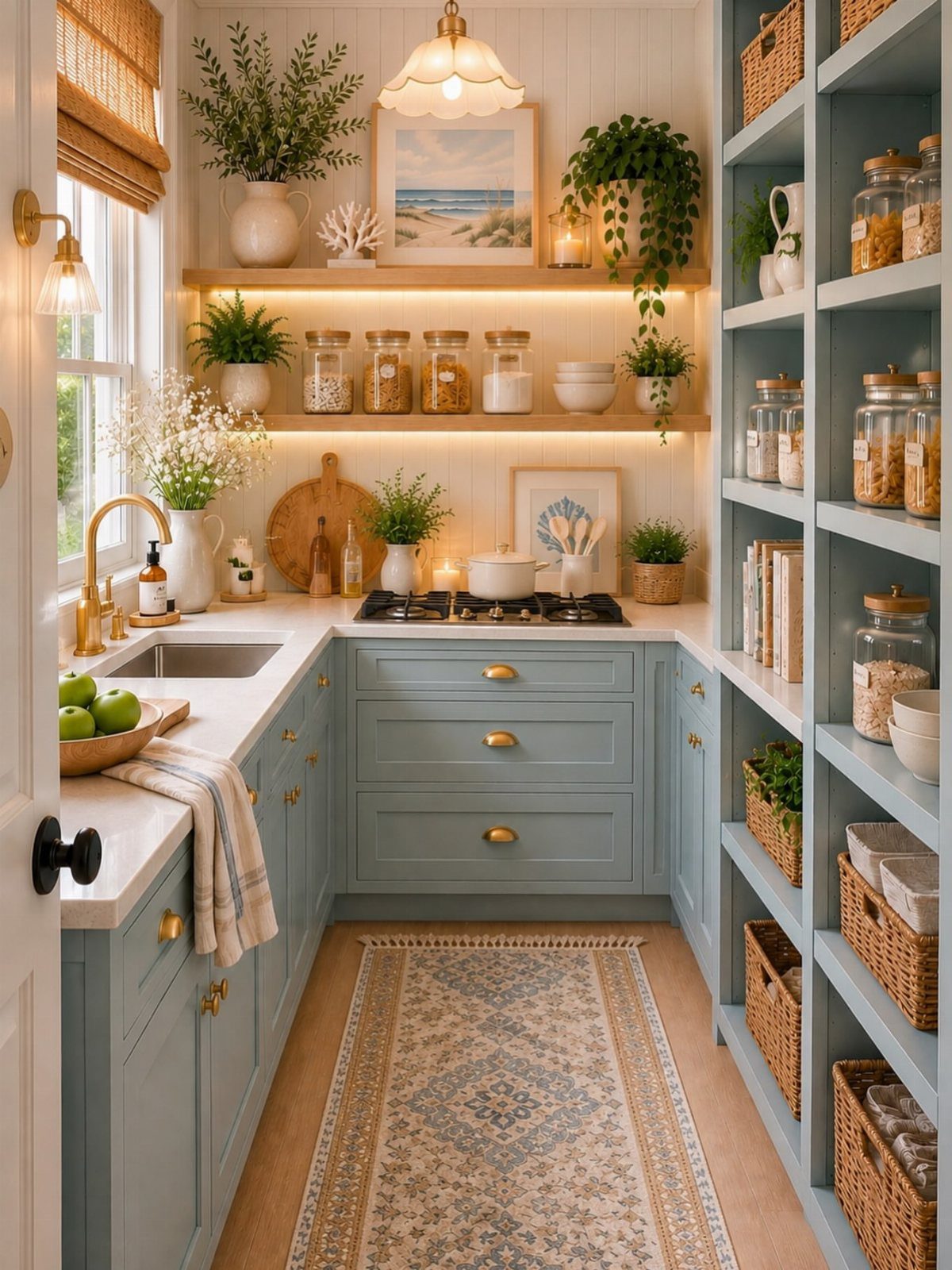 Light blue kitchen with wooden open shelving holding jars and potted green plants.