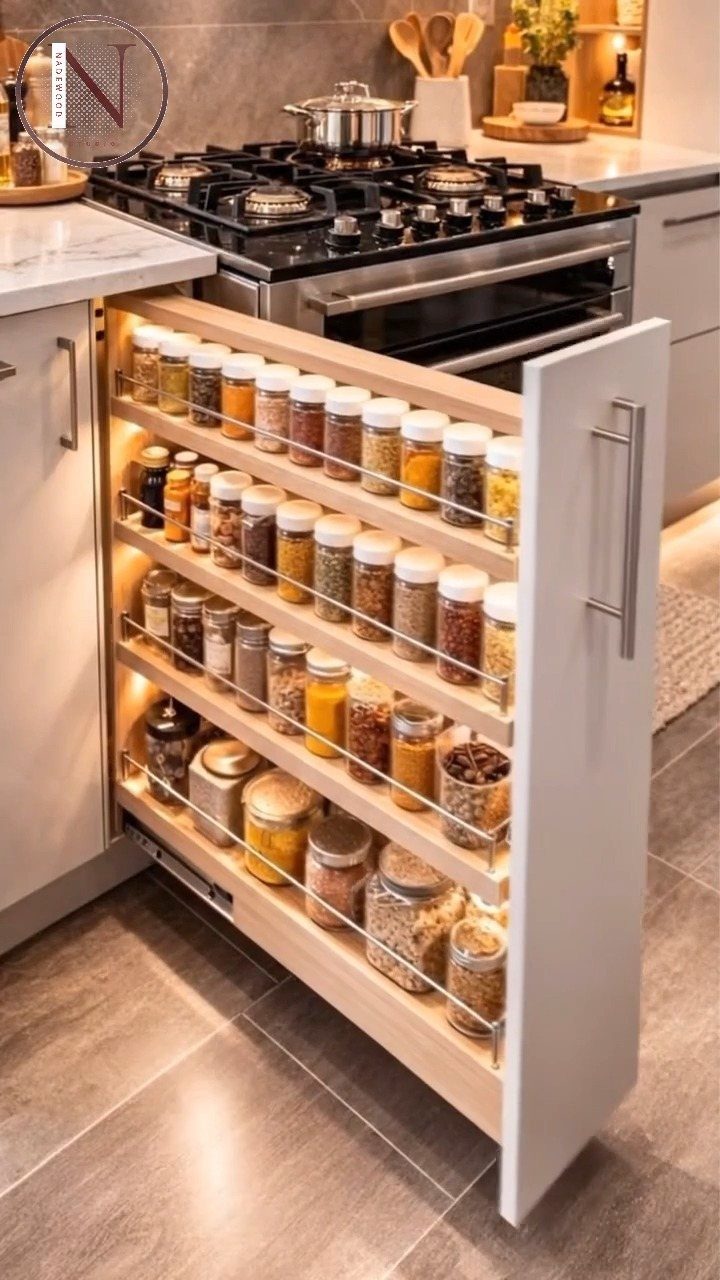 Pull-out pantry shelf with illuminated tiers holding various glass spice jars in kitchen.