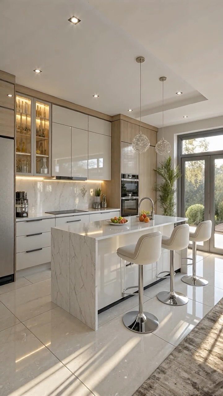White marble waterfall kitchen island with three modern white bar stools in a bright kitchen.