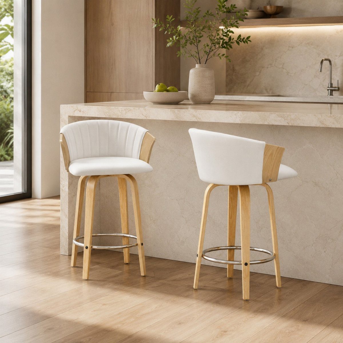 Two white upholstered bar stools with wooden legs at a marble kitchen island.