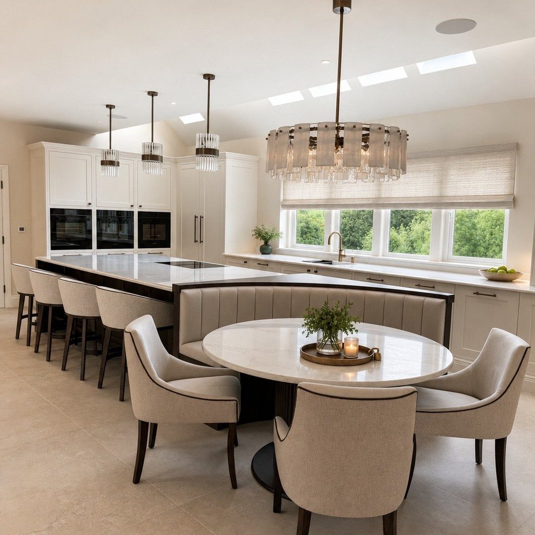 Modern kitchen island with a curved integrated banquette seat and round dining table.