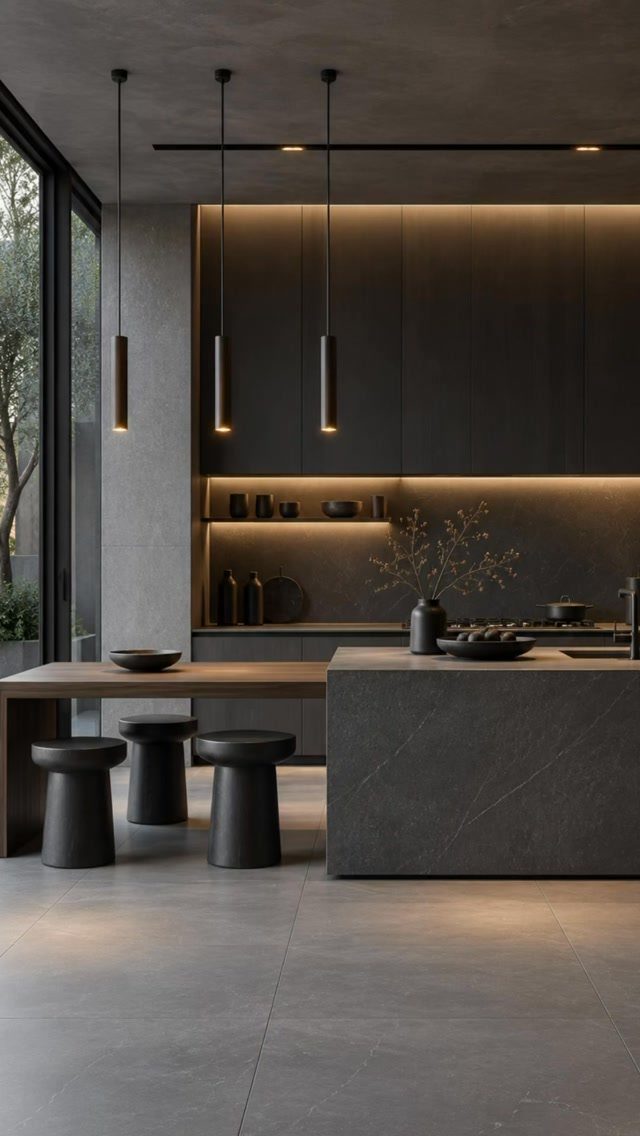 Modern dark grey kitchen island with an attached wooden table and black stools.