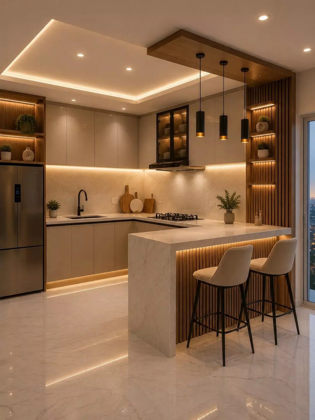 White marble kitchen island with inset warm LED lighting strips and cream bar stools.