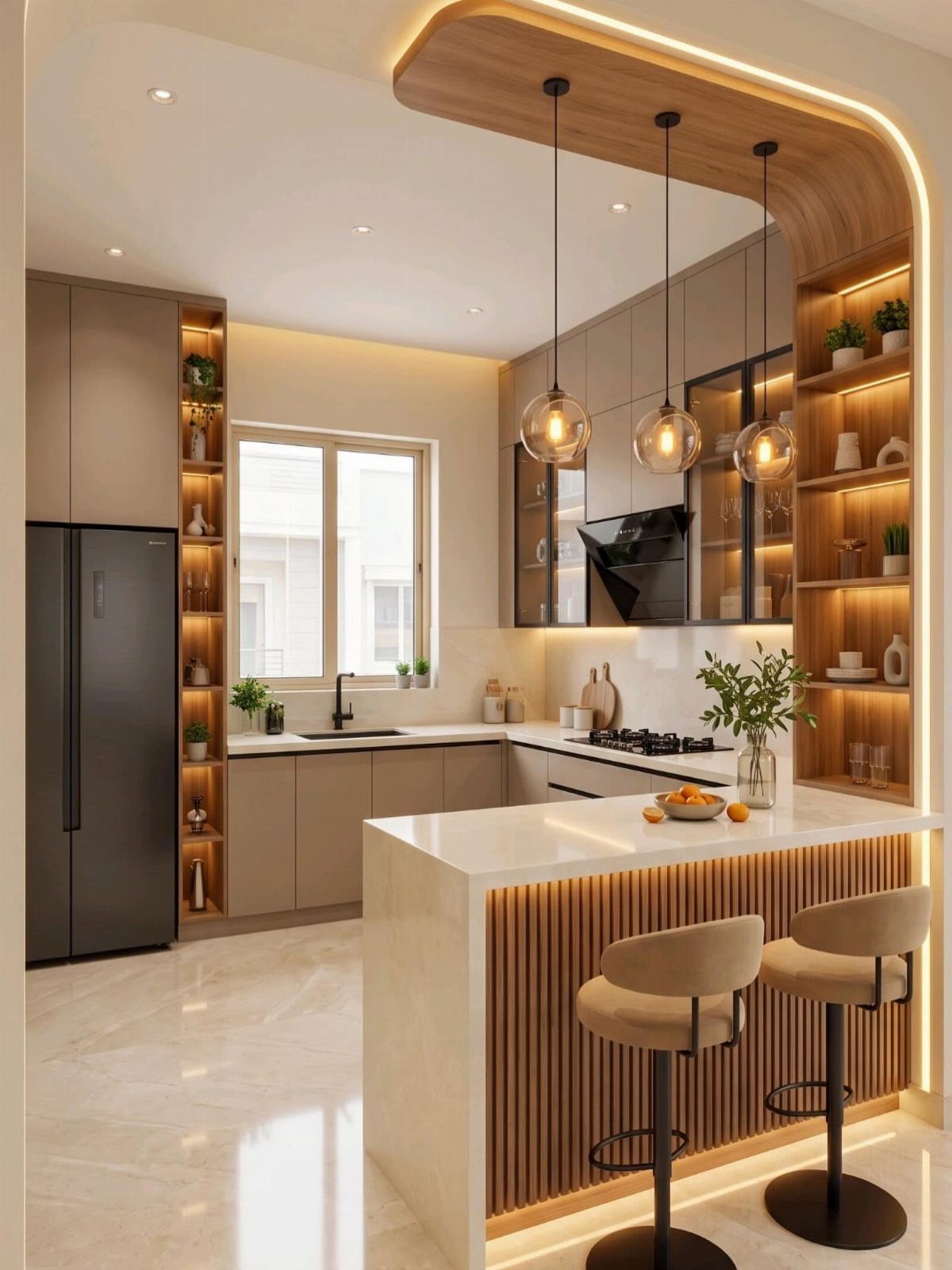 Modern kitchen with a white island and built-in wooden open shelving with lighting.