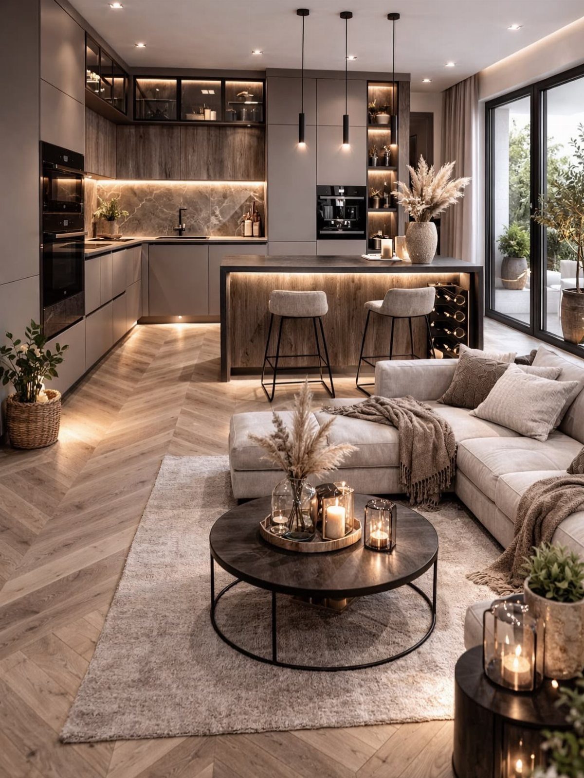 Modern kitchen island with seating and a beige sectional sofa in an open living area.