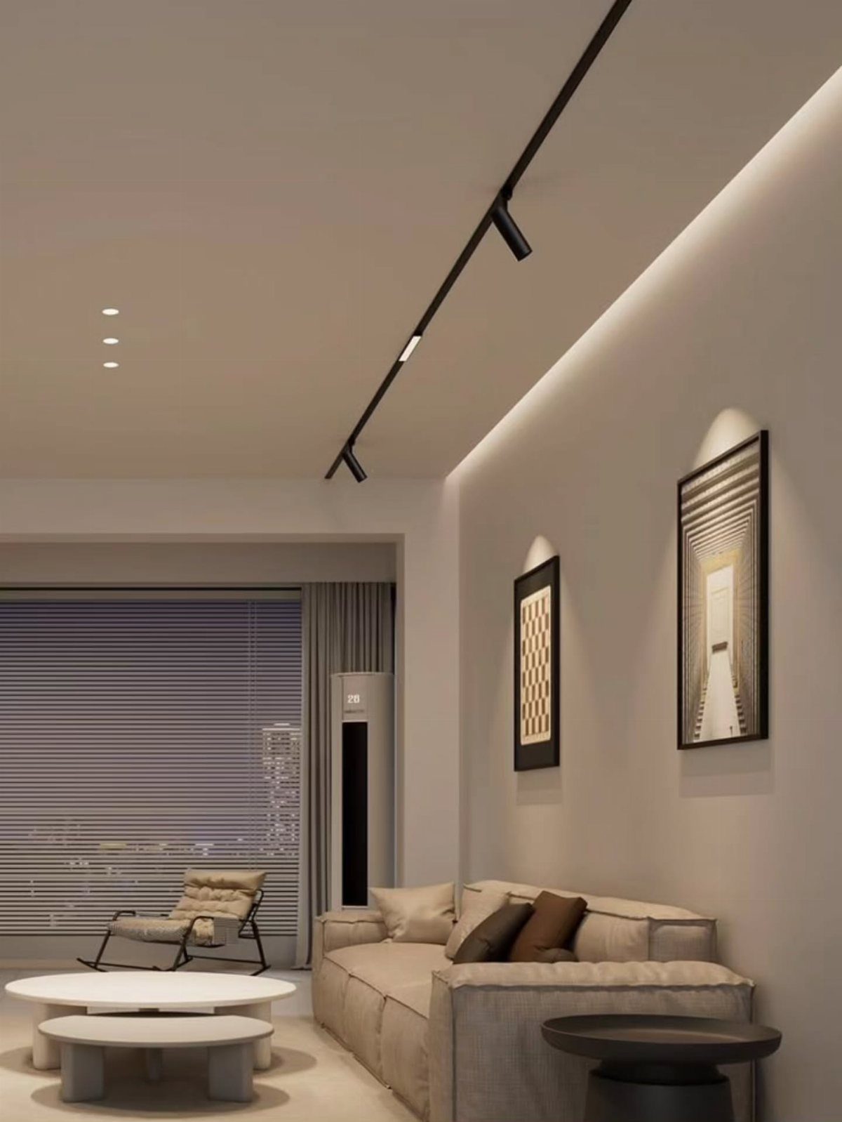 15 Modern Minimalist Home Ideas That Define Clean Living 16 Minimalist living room featuring black track lighting and a glowing recessed ceiling cove light.