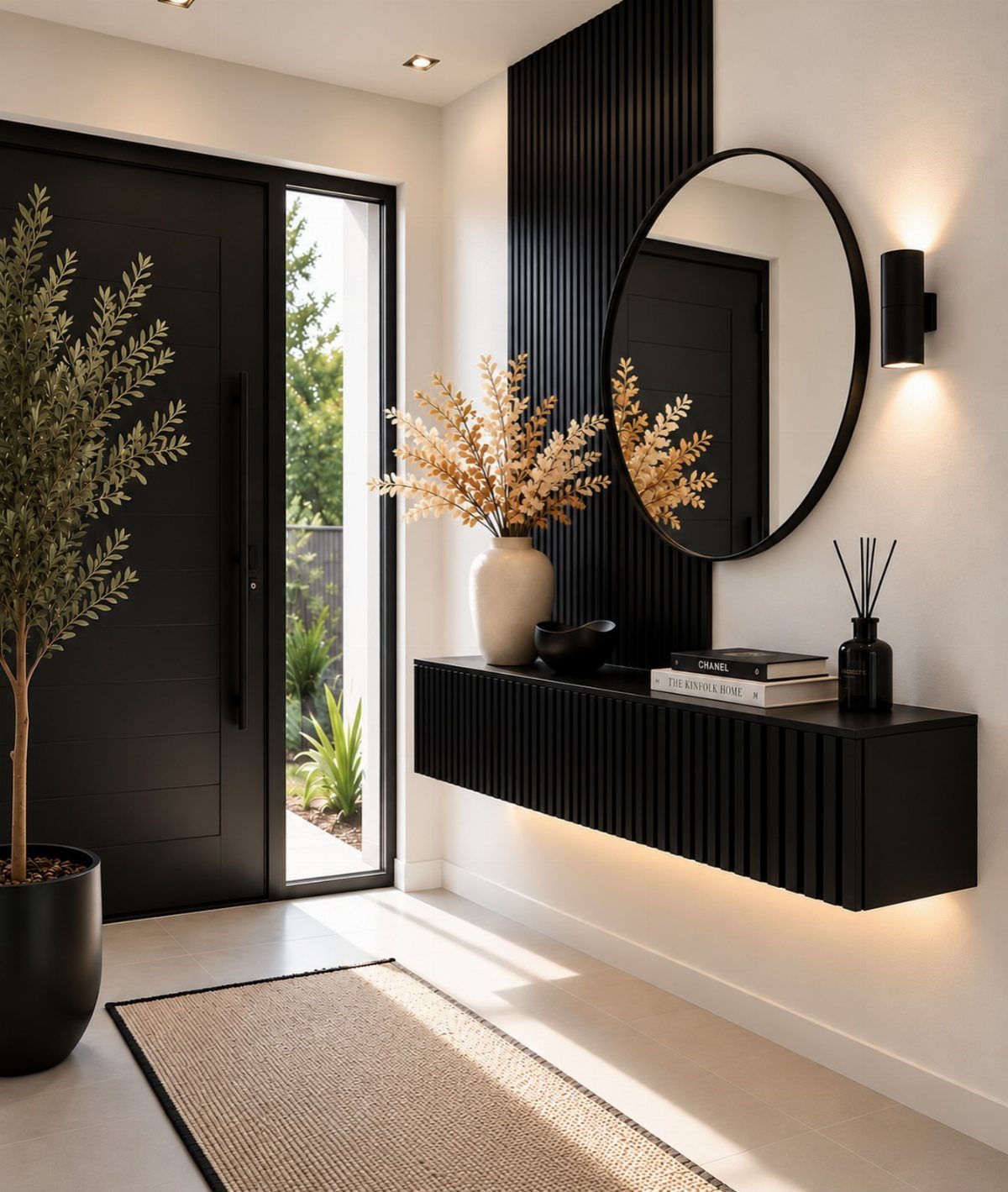 15 Modern Minimalist Home Ideas That Define Clean Living 15 Minimalist entryway with black slatted wall, round mirror, and floating black console table.