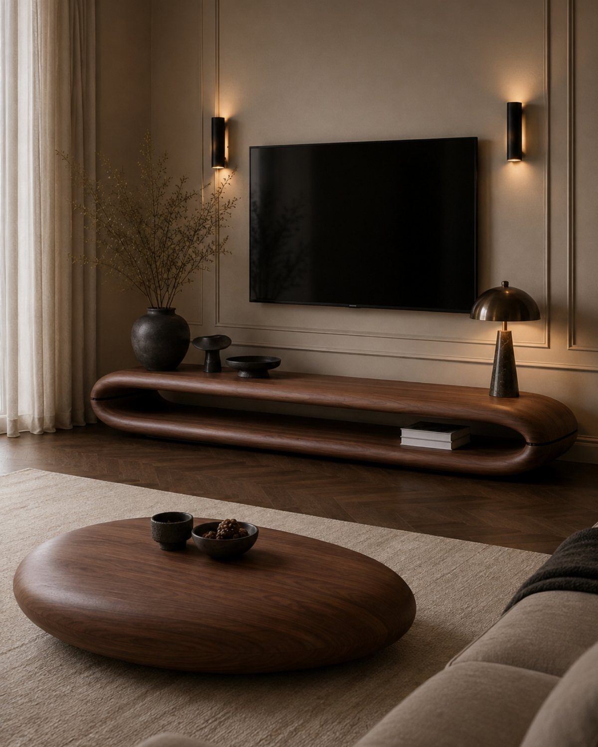 15 Modern Minimalist Home Ideas That Define Clean Living 14 Curved dark wood coffee table and console in a minimalist beige living room
