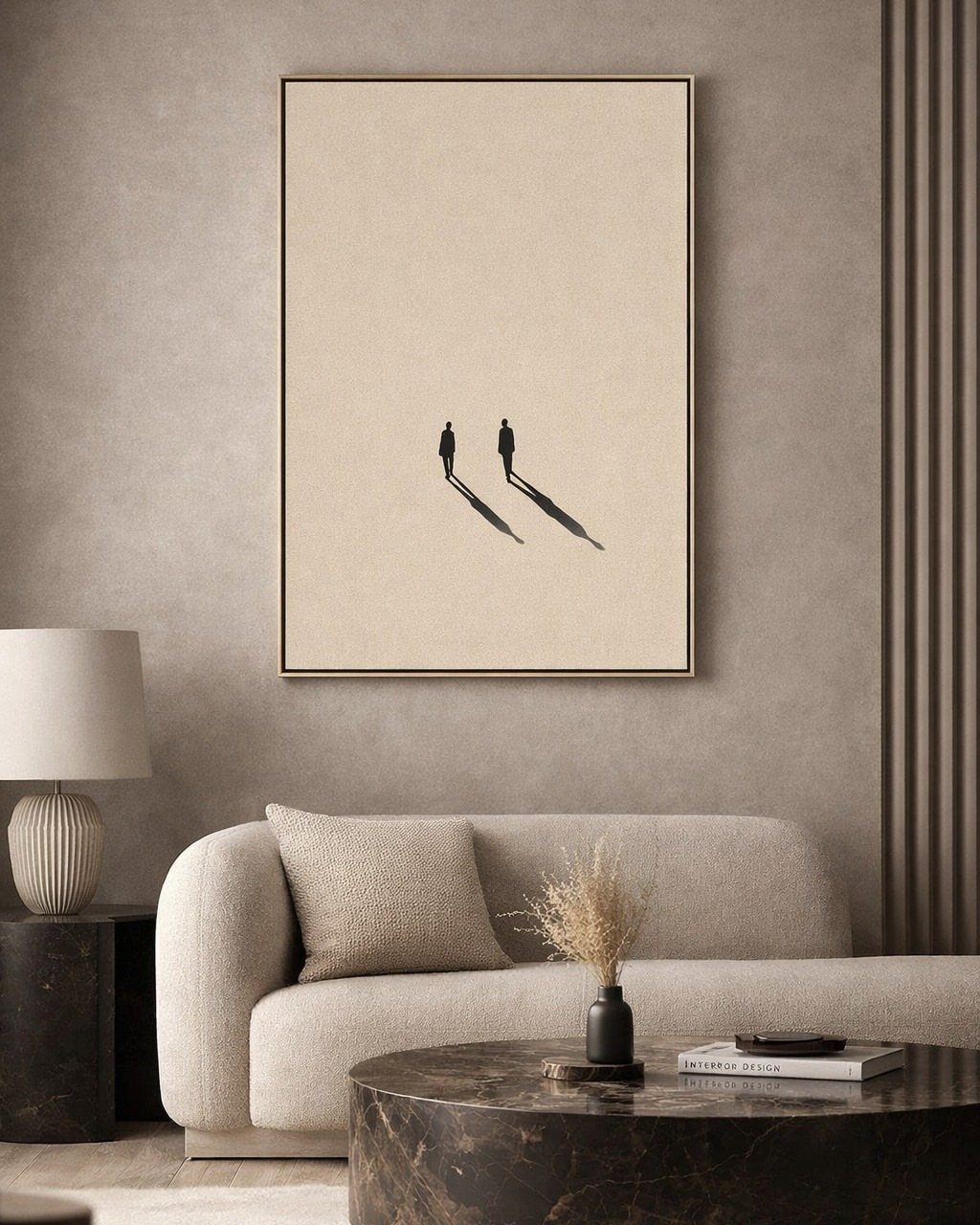 15 Modern Minimalist Home Ideas That Define Clean Living 13 Minimalist living room featuring a large framed silhouette artwork and a beige sofa.