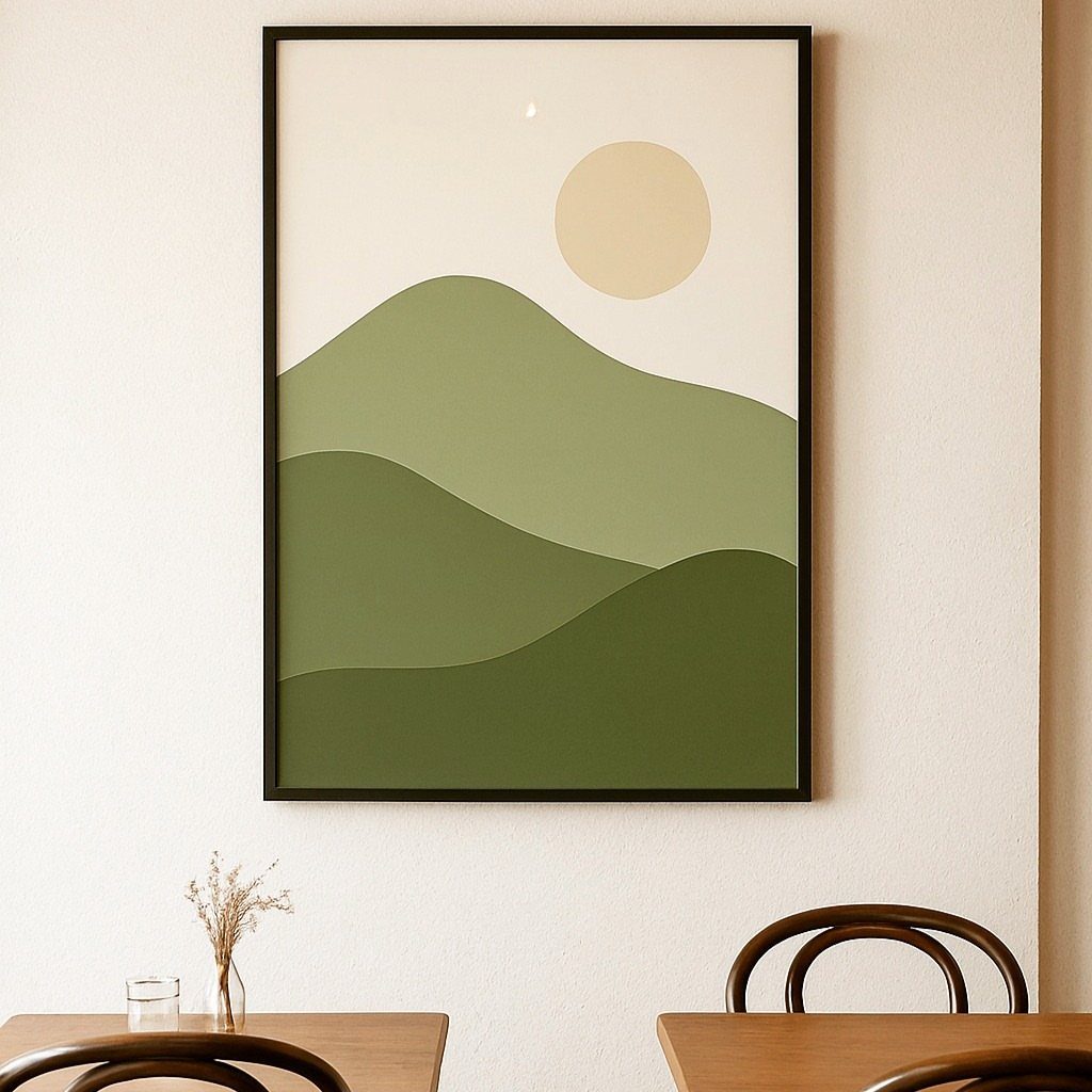 15 Modern Minimalist Home Ideas That Define Clean Living 7 Abstract landscape art with green hills and yellow sun in a black frame