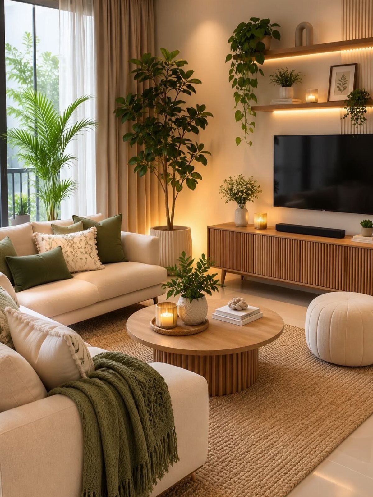 15 Modern Minimalist Home Ideas That Define Clean Living 8 White sofa, round wooden coffee table, and wooden console in a minimalist living room.