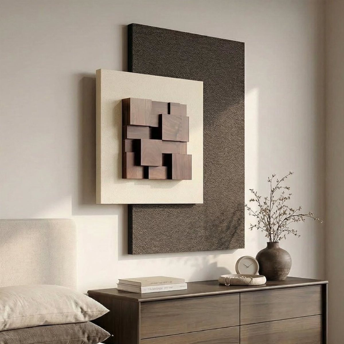 15 Modern Minimalist Home Ideas That Define Clean Living 10 Geometric wooden wall art above a dark wood dresser in a minimalist bedroom.
