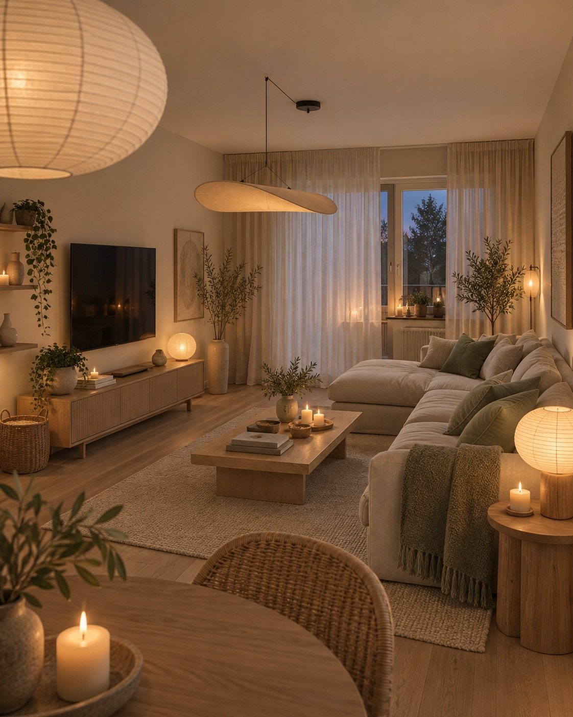 15 Modern Minimalist Home Ideas That Define Clean Living 6 Warm-toned minimalist living room with beige sofa, wooden furniture, and soft ambient lighting.