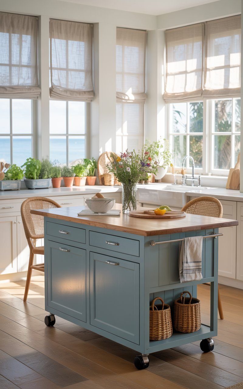 Blue moveable kitchen island with wooden top and two woven chairs in bright room