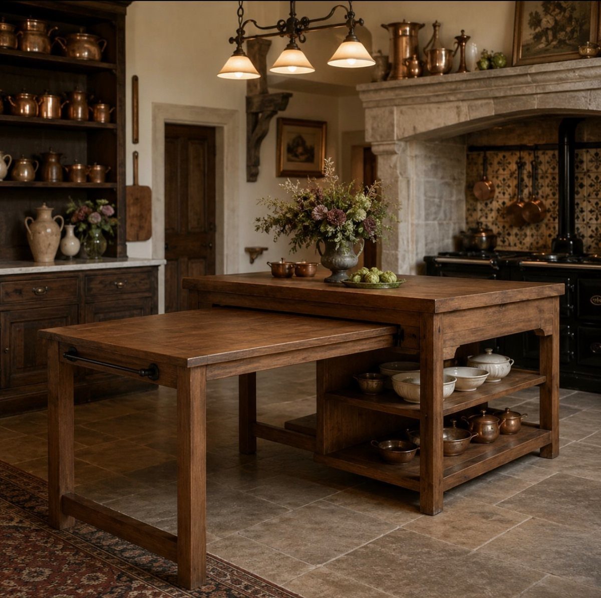 Rustic wooden kitchen island with a pull-out extension table in a traditional kitchen.