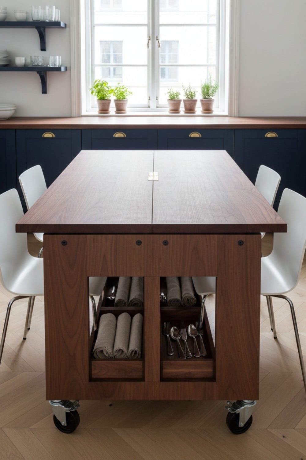 Wooden kitchen island with black caster wheels and white modern chairs in bright room