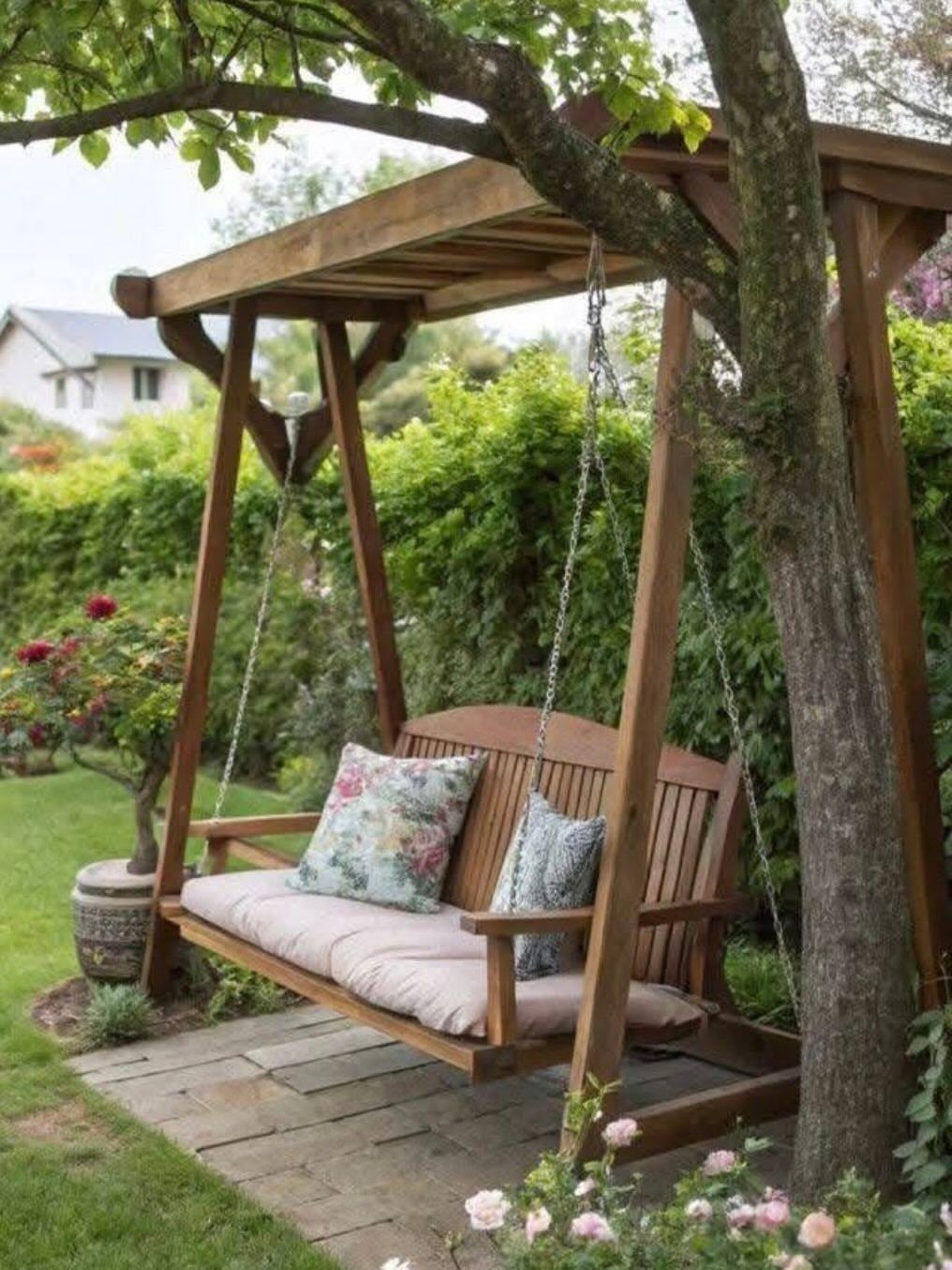 Wooden pergola with a hanging swing bench and cushions in a lush garden setting.