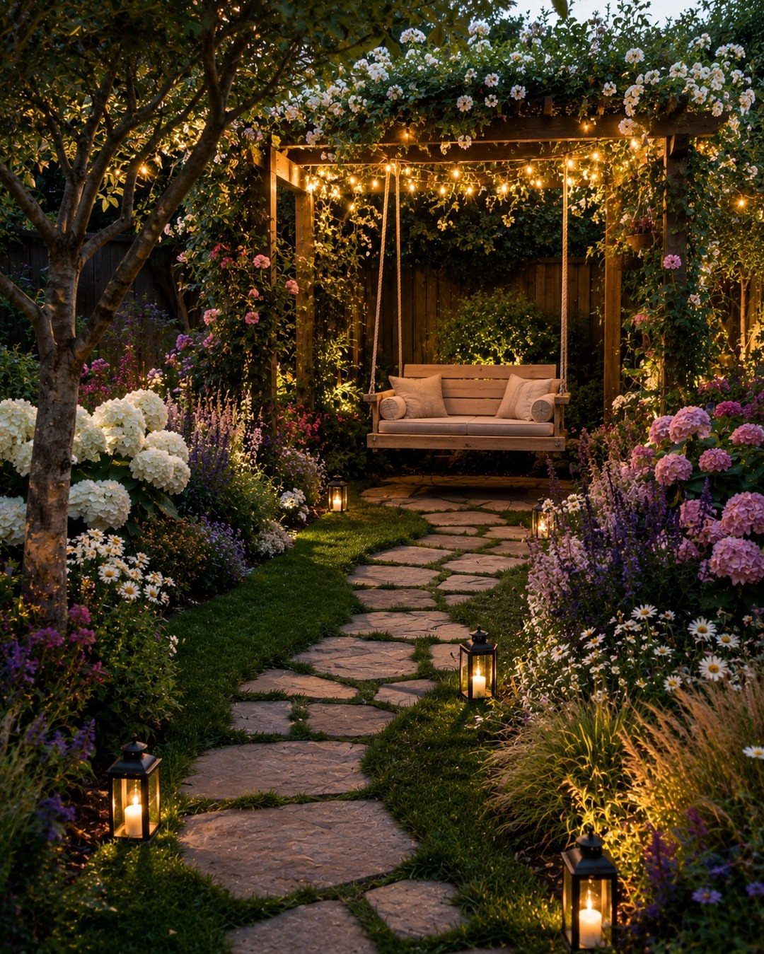 Wooden pergola with a hanging swing bench in a garden with stone path