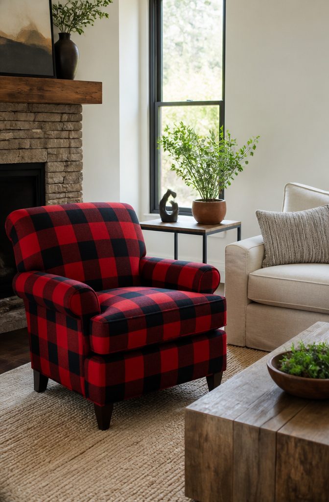 Plaid Living Room Ideas: Patterns, Styles and Decor 3 A buffalo check armchair in red and black contrasts with a light sofa.