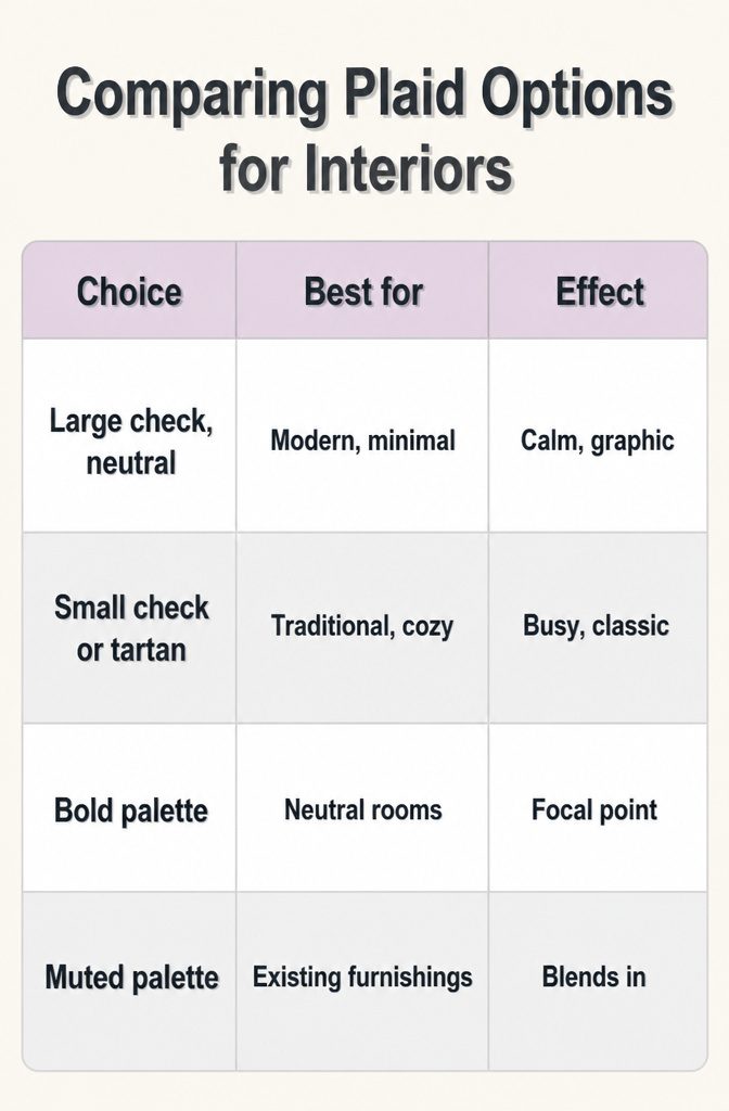 Plaid Living Room Ideas: Patterns, Styles and Decor 12 A table comparing different plaid styles for interior design.