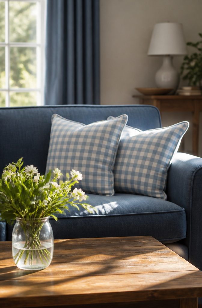 Plaid Living Room Ideas: Patterns, Styles and Decor 8 Gingham pillows on a solid sofa in a bright, inviting space.