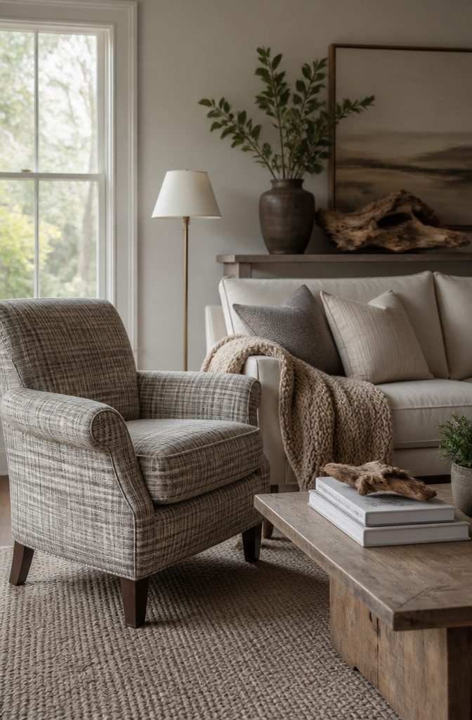 Plaid Living Room Ideas: Patterns, Styles and Decor 4 A glen plaid armchair in gray and cream beside a neutral sofa.