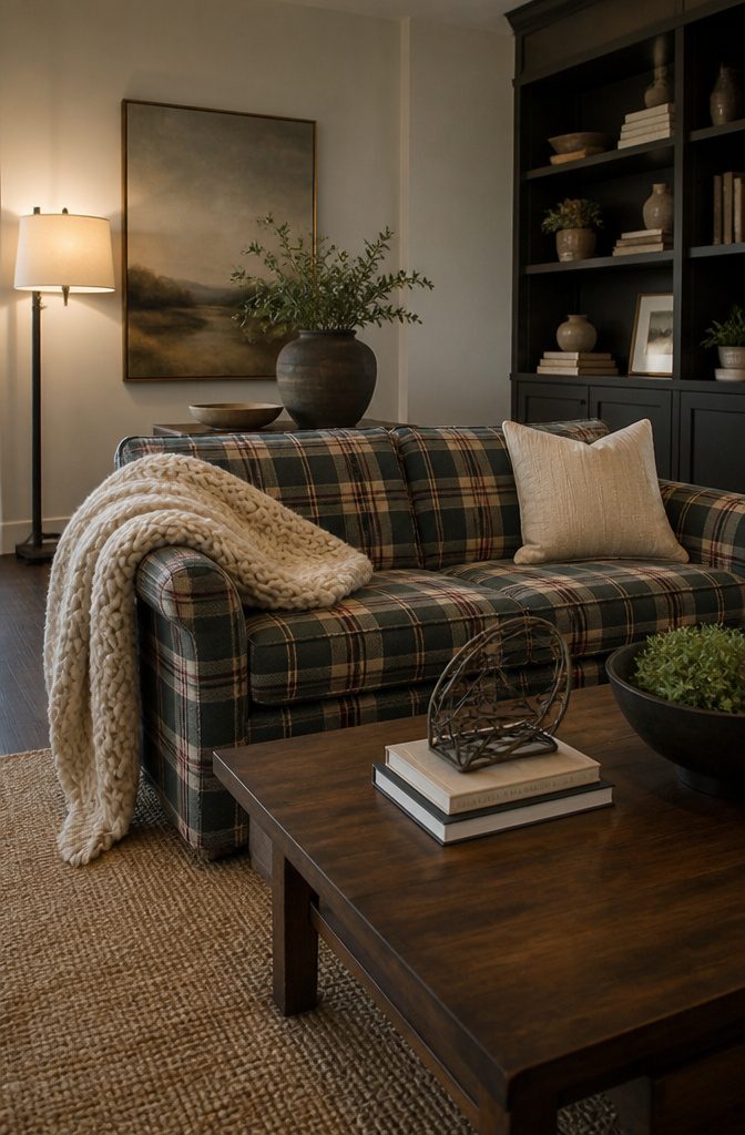 Plaid Living Room Ideas: Patterns, Styles and Decor 14 A plaid sofa surrounded by various textures in a cozy living space.