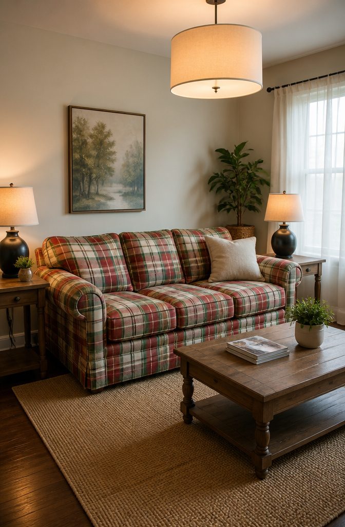 Plaid Living Room Ideas: Patterns, Styles and Decor 16 A plaid sofa under warm lighting in a stylish living room.