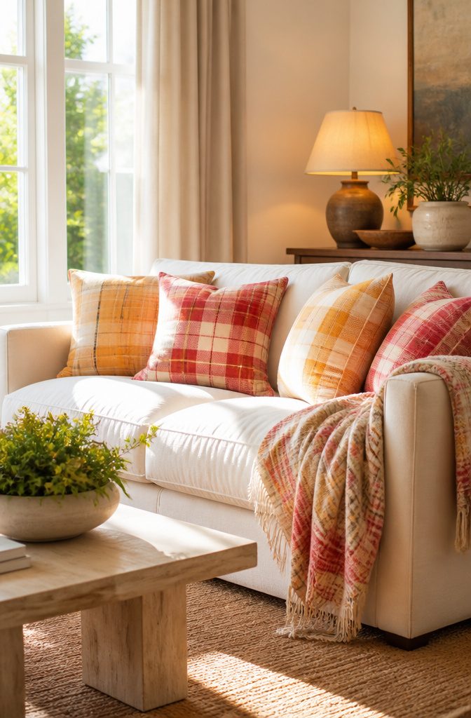 Plaid Living Room Ideas: Patterns, Styles and Decor 5 Madras pillows in warm tones adorn a soft, neutral sofa.
