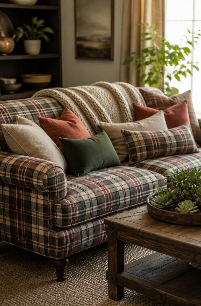 Plaid Living Room Ideas: Patterns, Styles and Decor 15 A plaid couch adorned with various pillows and a cozy throw.