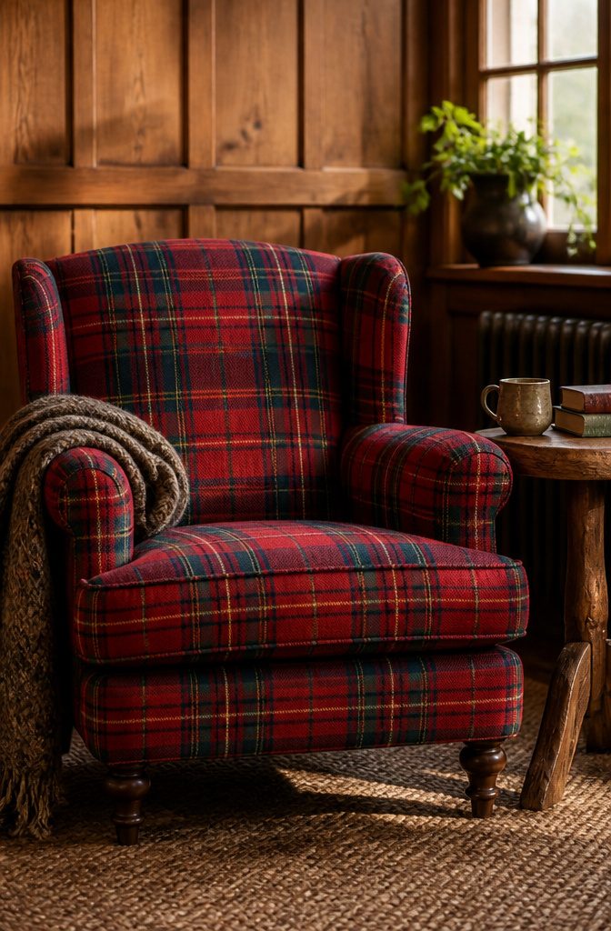 Plaid Living Room Ideas: Patterns, Styles and Decor 2 A tartan armchair in muted tones sits in a cozy living room.