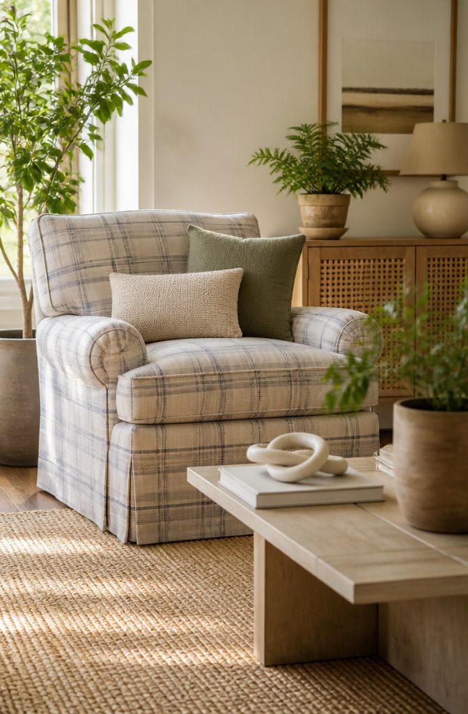 Plaid Living Room Ideas: Patterns, Styles and Decor 6 A tattersall armchair with delicate colors in a cozy living space.