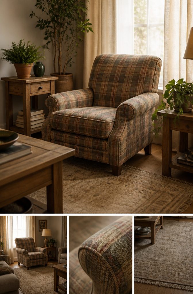 Plaid Living Room Ideas: Patterns, Styles and Decor 10 A worn plaid chair in a cozy living room setting.