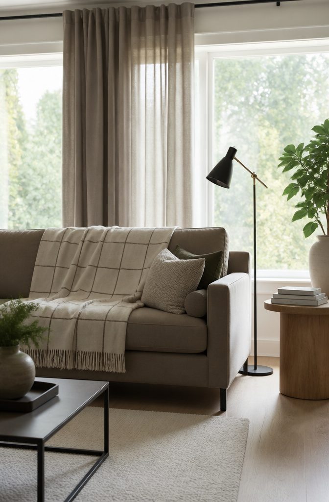 Plaid Living Room Ideas: Patterns, Styles and Decor 7 A windowpane-patterned throw on a modern sofa in a minimal living room.