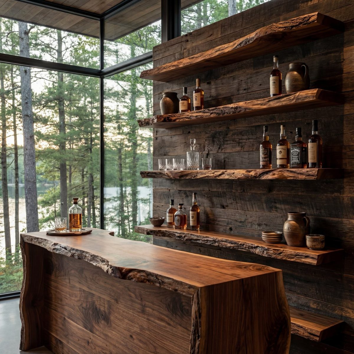 Live edge reclaimed wood bar counter and floating shelves in a rustic room.
