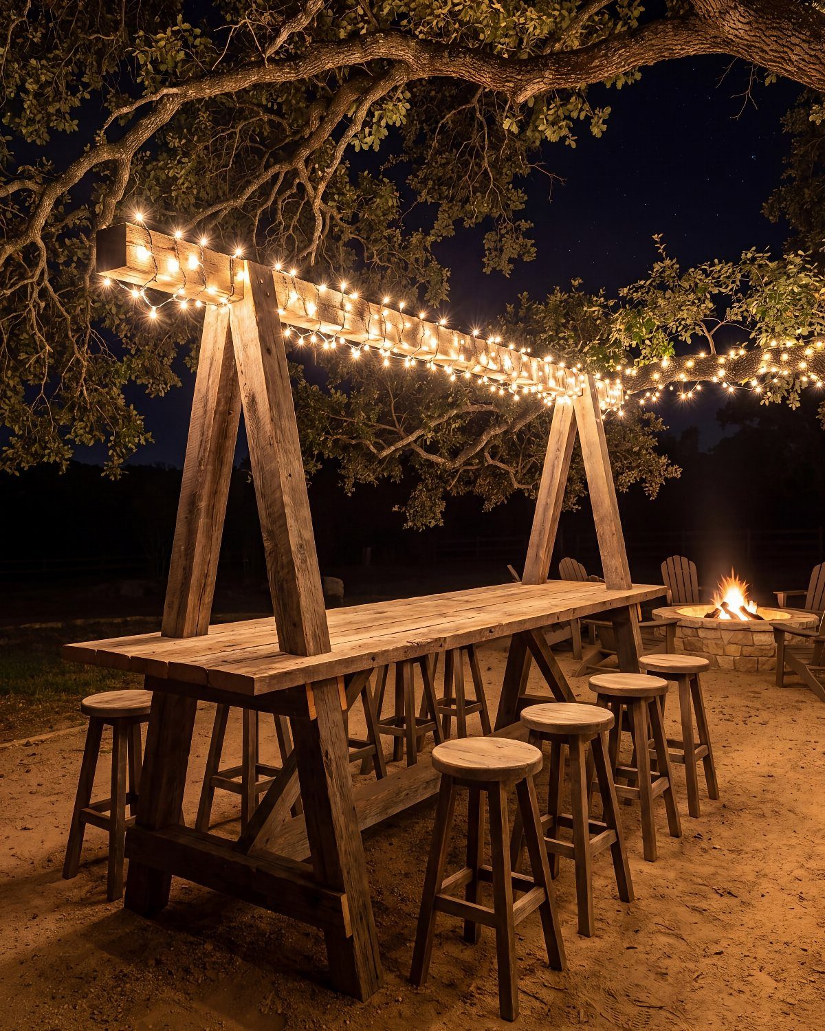Rustic barn wood high-top table with stools under string lights in an outdoor setting.